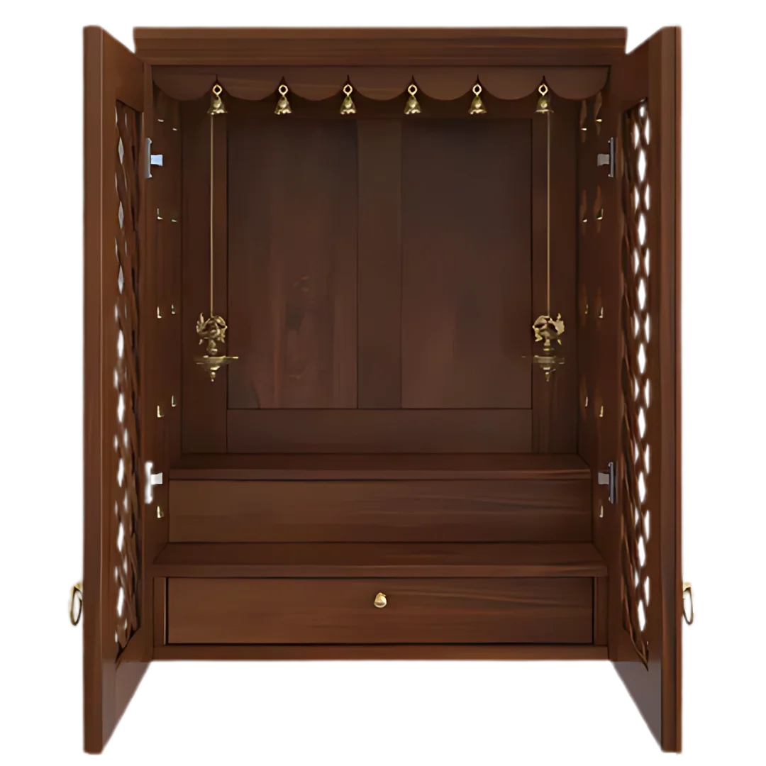 Vedic Sthana Pooja Mandir with Door (Teak) open door front view