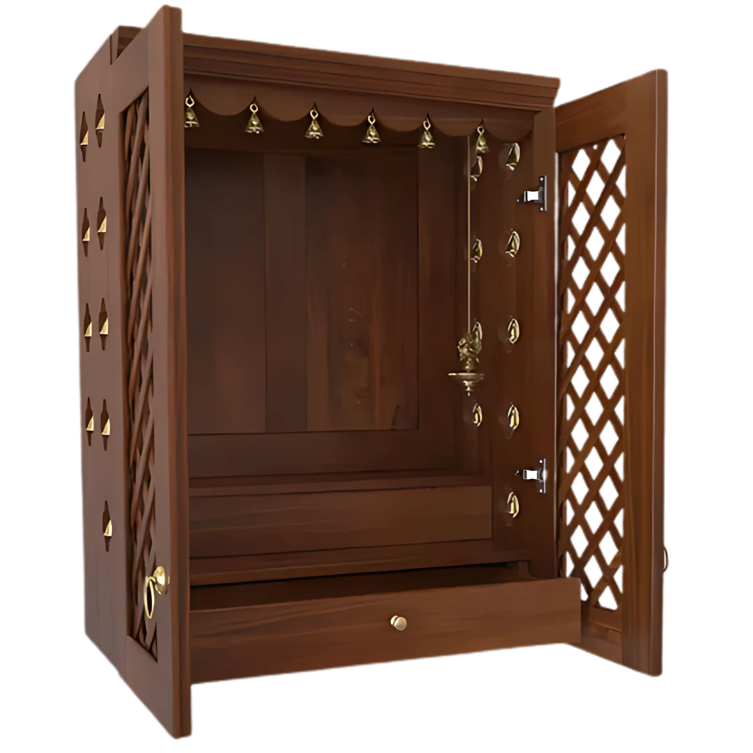 Vedic Sthana Pooja Mandir with Door (Teak) open door side view