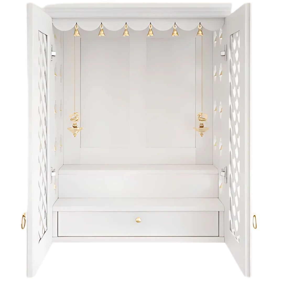 Vedic Sthana Pooja Mandir with Door (White) open door front view