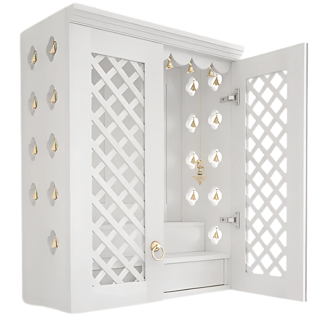 Vedic Sthana Pooja Mandir with Door (White) side view