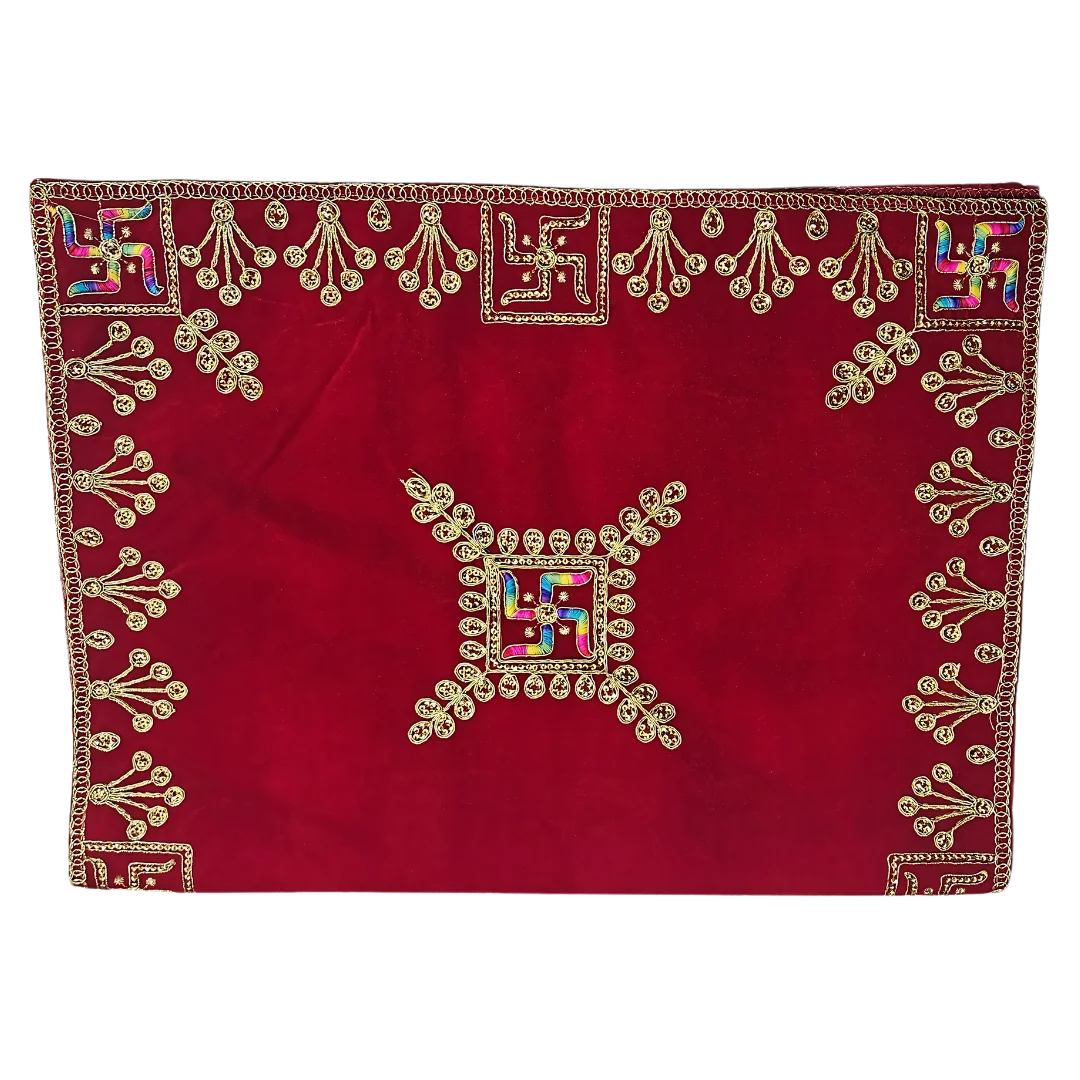 Velvet Red Swastik Embroidered Pooja Aasan with Golden Mirror Work fold view