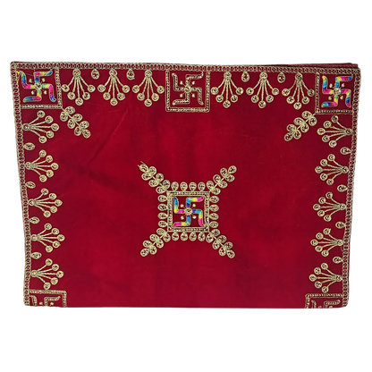 Velvet Red Swastik Embroidered Pooja Aasan with Golden Mirror Work fold view