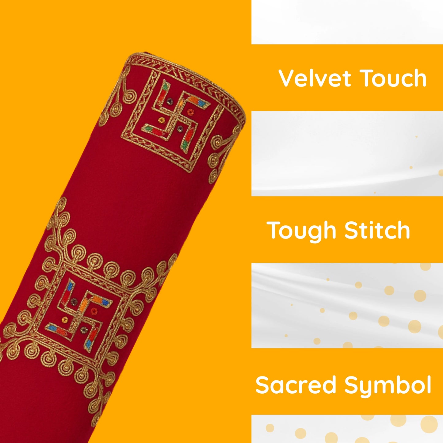 Velvet Red Swastik Embroidered Pooja Aasan with Golden Mirror Work folding view 
