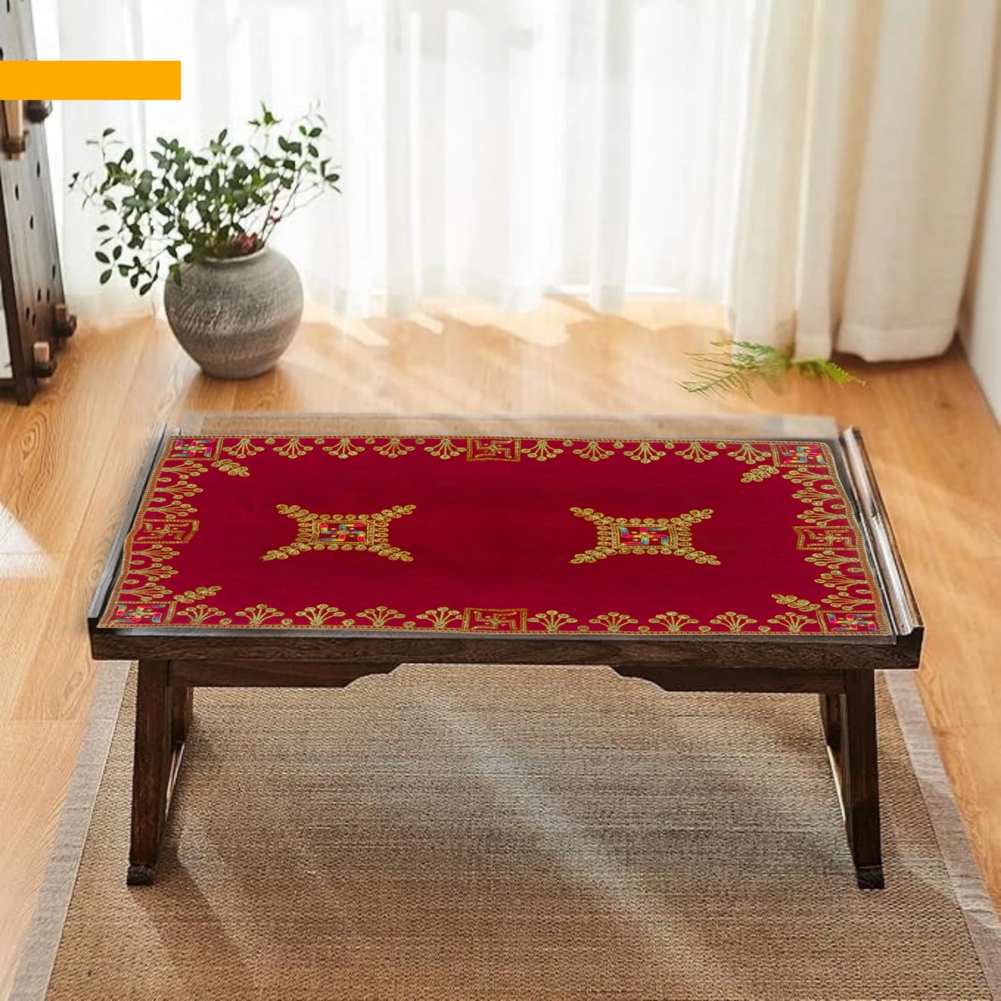 Velvet Red Swastik Embroidered Pooja Aasan with Golden Mirror Work lifestyle view