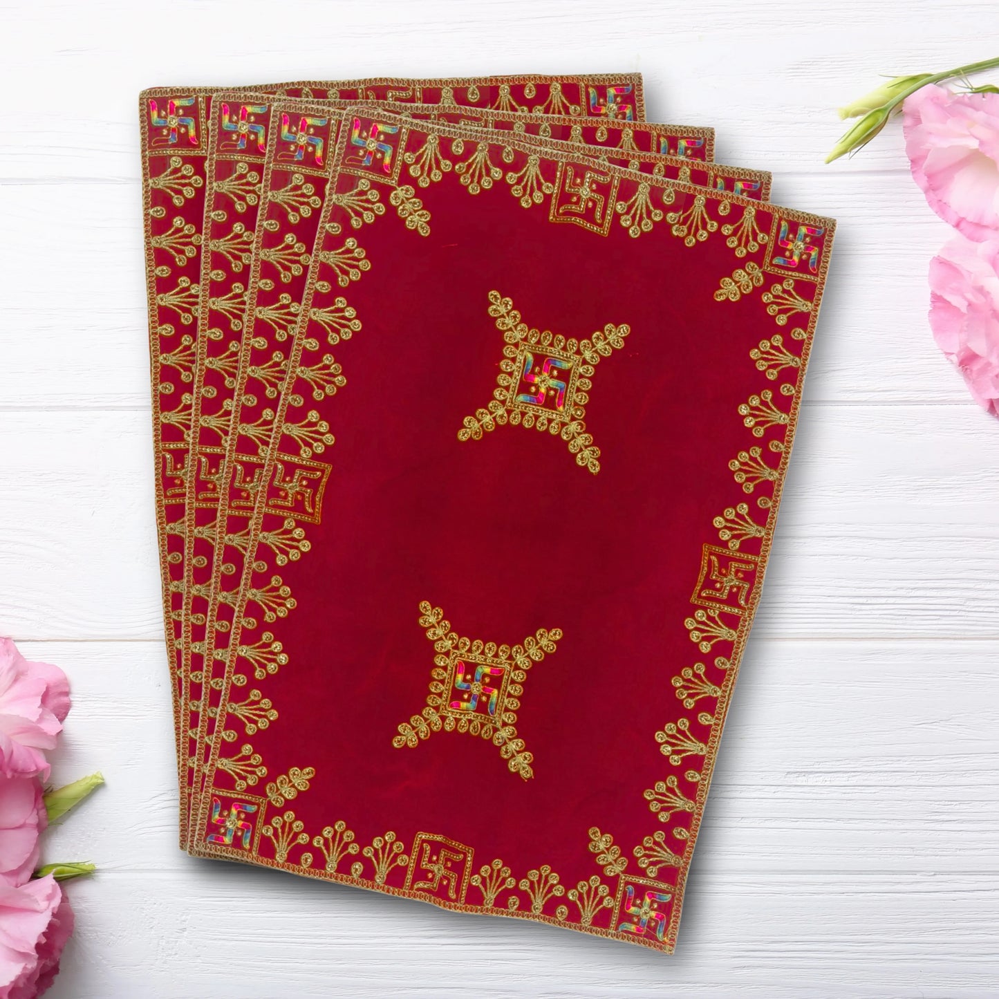 Velvet Red Swastik Embroidered Pooja Aasan with Golden Mirror Work main view