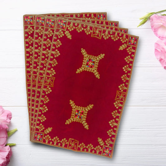 Velvet Red Swastik Embroidered Pooja Aasan with Golden Mirror Work main view