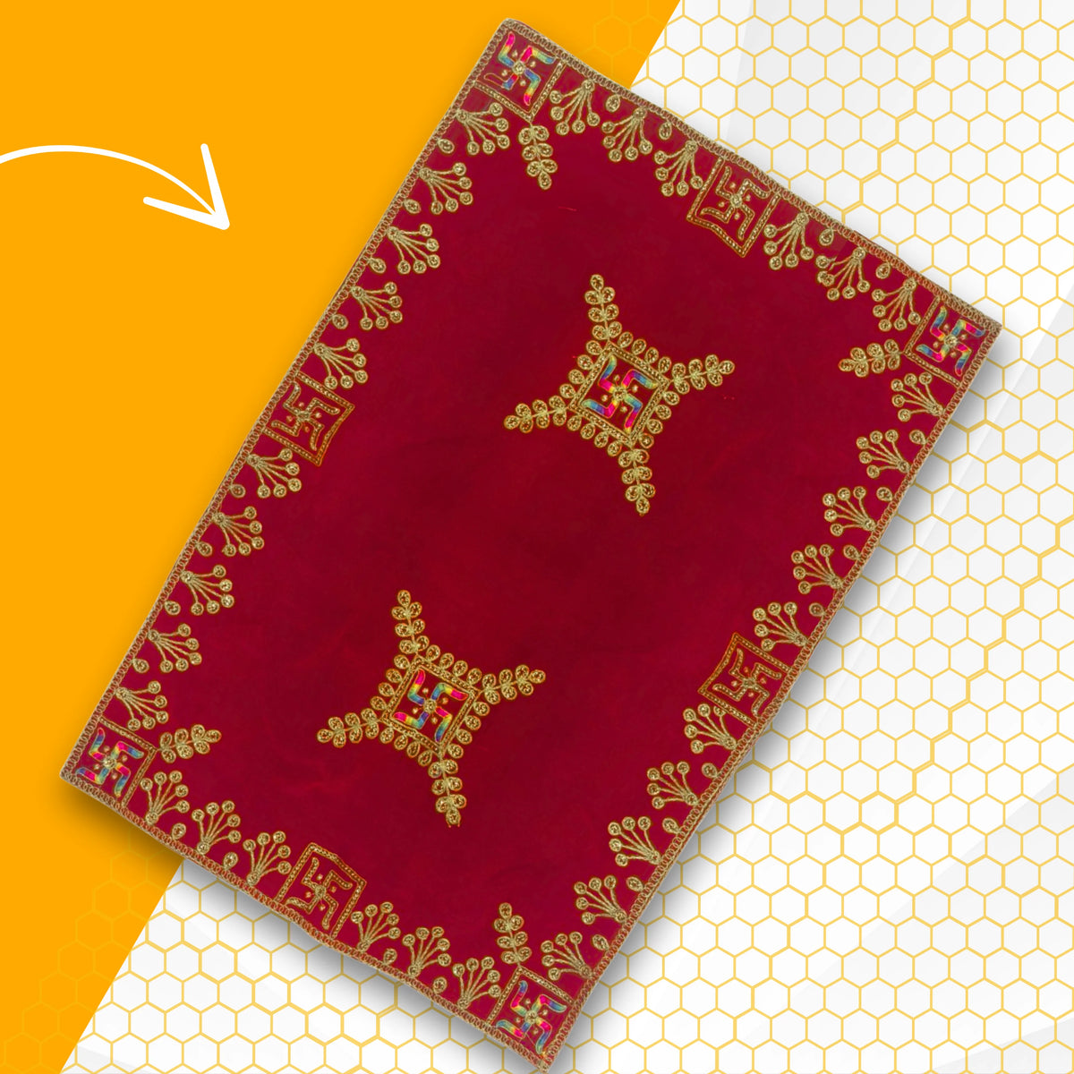 Velvet Red Swastik Embroidered Pooja Aasan with Golden Mirror Work  side view 
