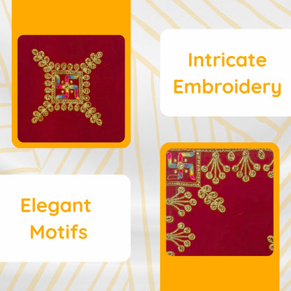 Velvet Red Swastik Embroidered Pooja Aasan with Golden Mirror Work zoom view