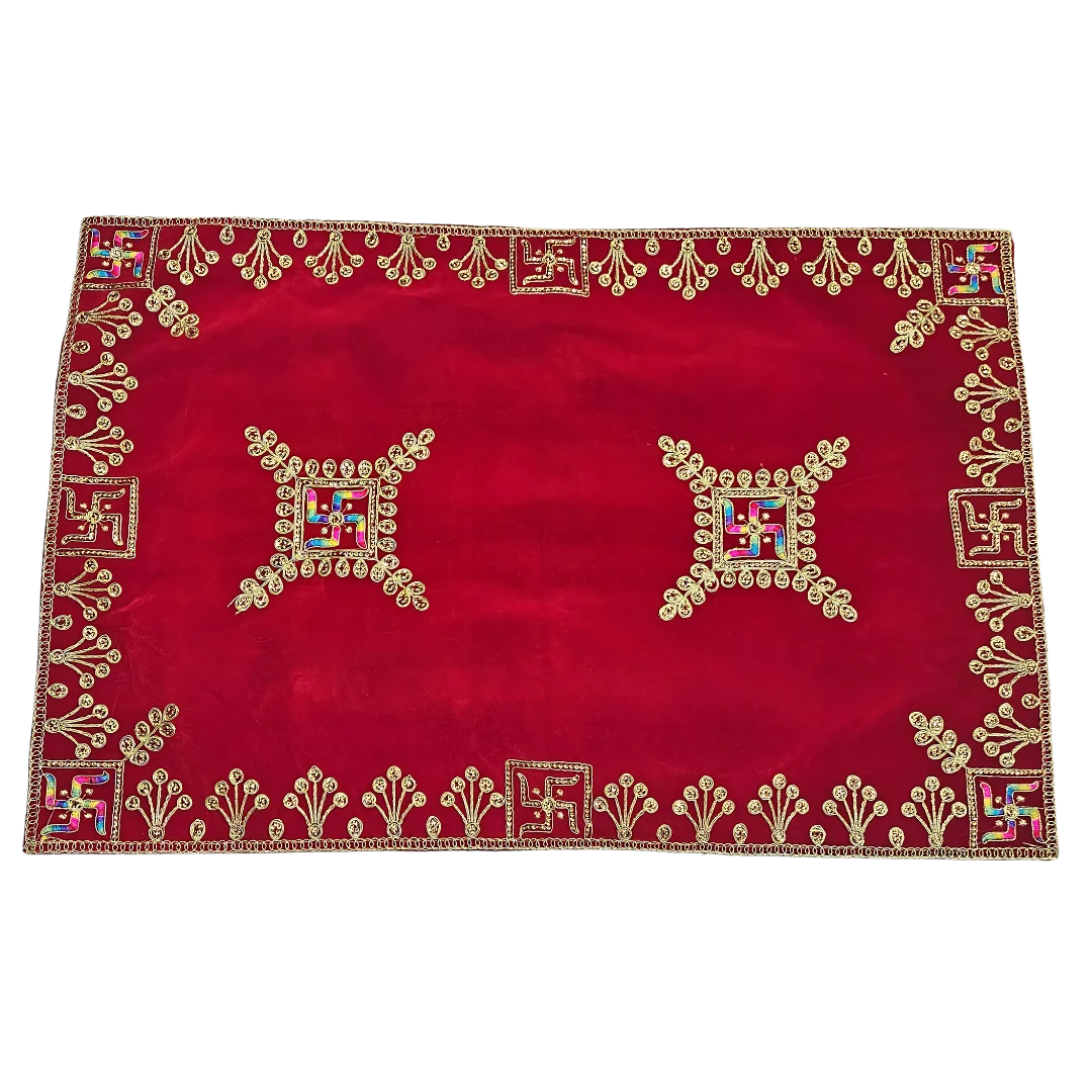 Velvet Red Swastik Embroidered Pooja Asan with Golden Mirror Work