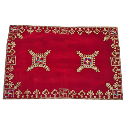 Velvet Red Swastik Embroidered Pooja Asan with Golden Mirror Work top view