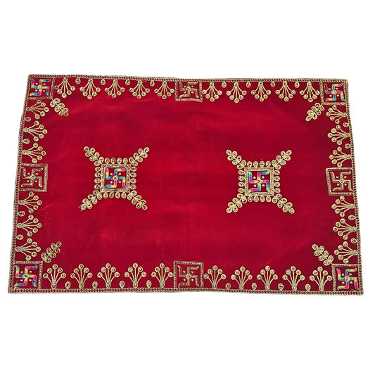 Velvet Red Swastik Embroidered Pooja Asan with Golden Mirror Work top view