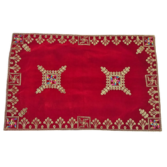 Velvet Red Swastik Embroidered Pooja Aasan with Golden Mirror Work