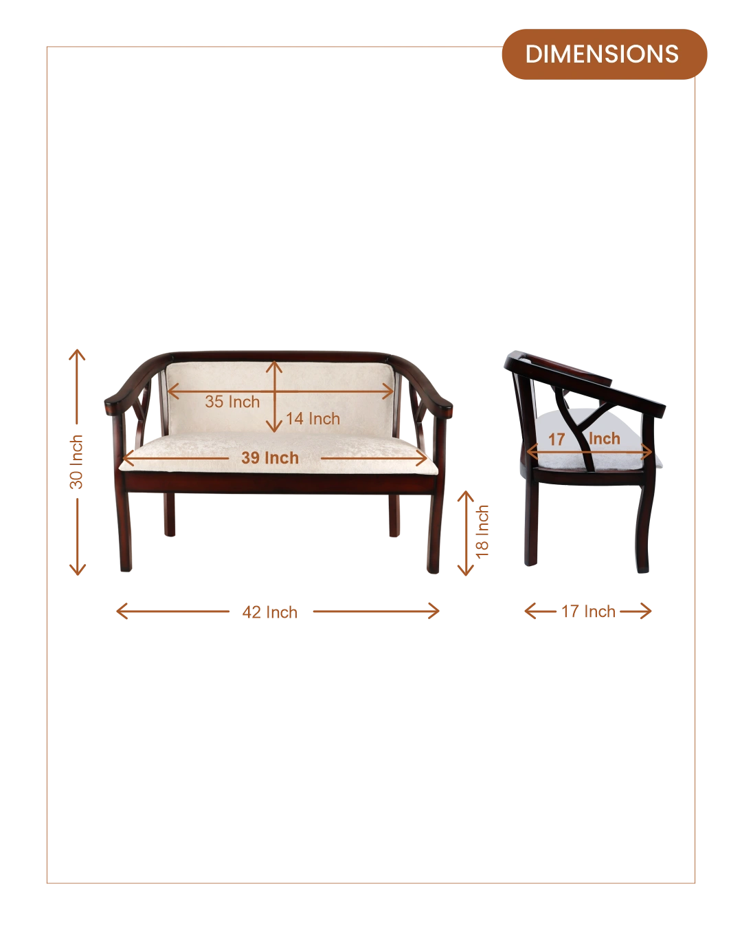 Verior Solid Wood Love Sofa (Brown Silver) dimensions