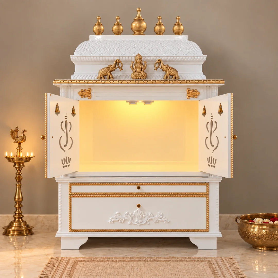 Vighnesh Teak Wood Mandap (White) Open Doors Light