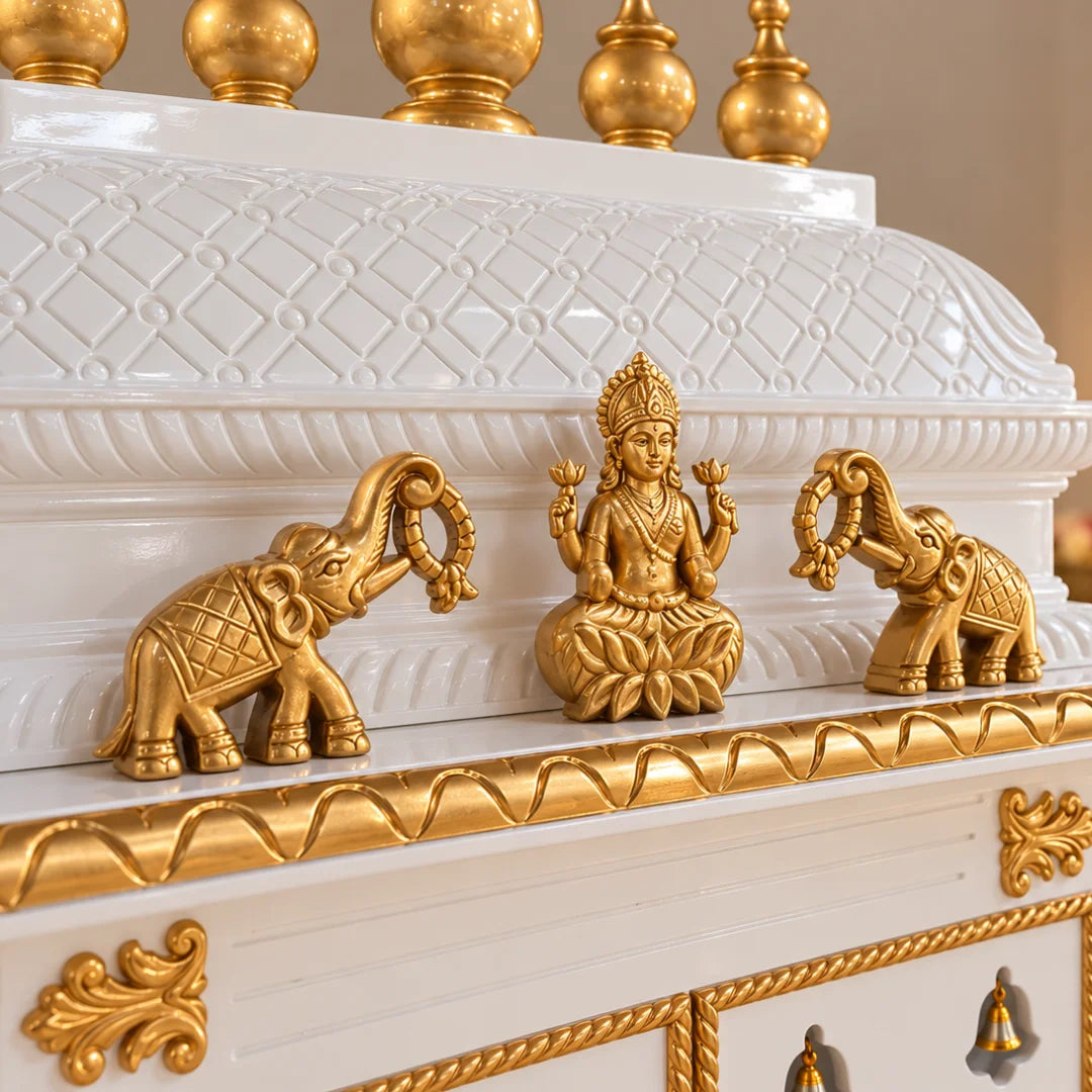 Vighnesh Teak Wood Mandap (White) Zoom view on top idols of elephants and Goddess lakshmi