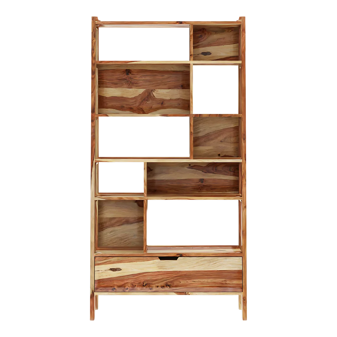 Wooden bookshelf with multiple shelves and a drawer front view