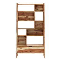 Wooden bookshelf with multiple shelves and a drawer front view