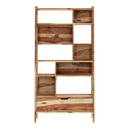 Wooden bookshelf with multiple shelves and a drawer front view