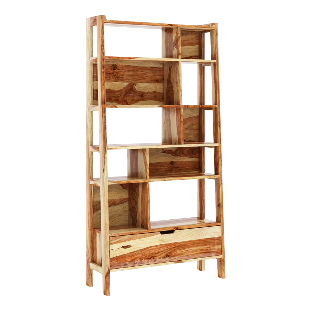 Wooden bookshelf with multiple shelves and a drawer side angle