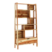 Wooden bookshelf with multiple shelves and a drawer side angle