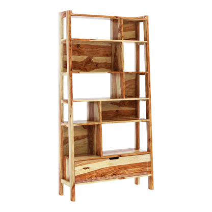 Wooden bookshelf with multiple shelves and a drawer side angle