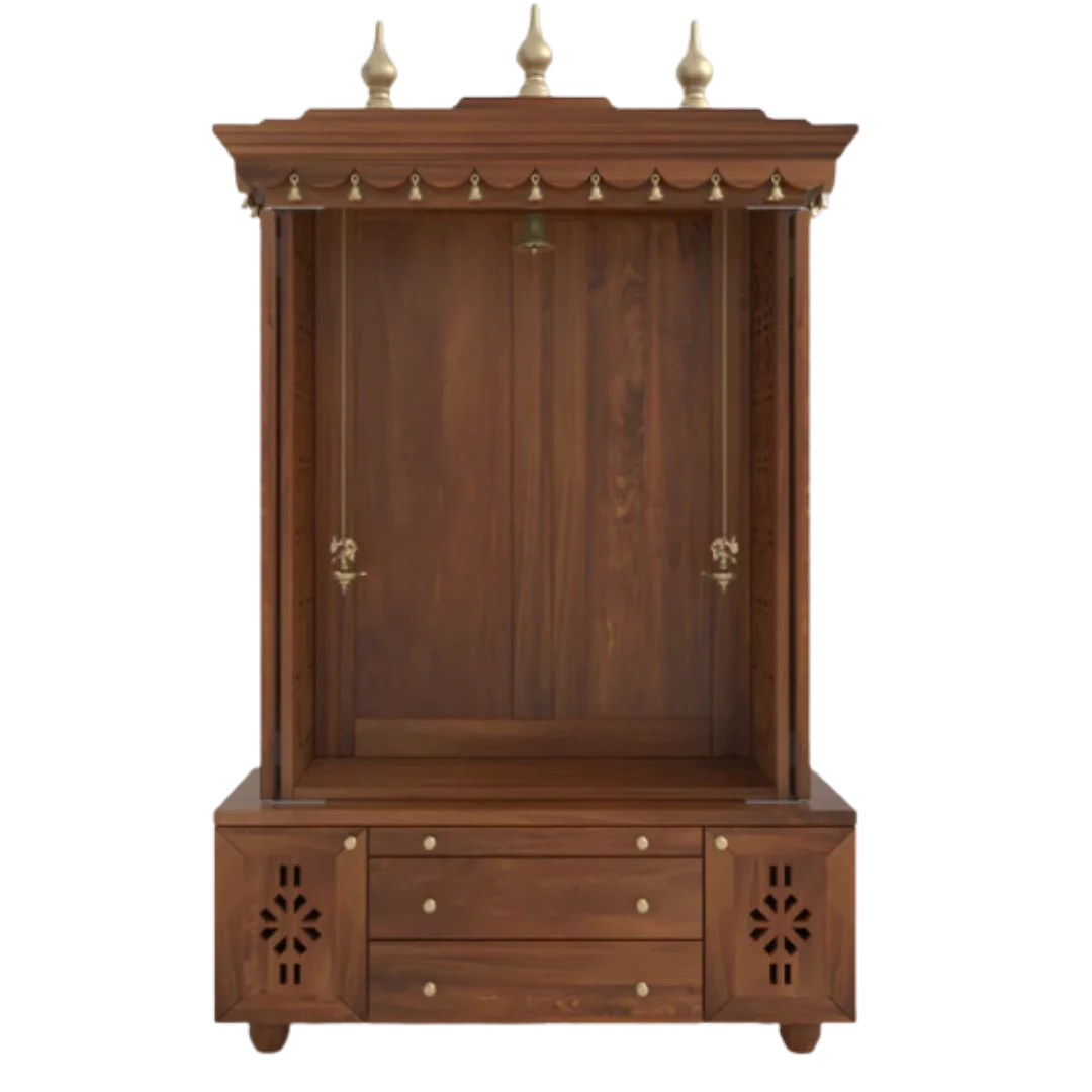 Vrittika Teak Wood Pooja Mandap with Door (Teak) open door front view