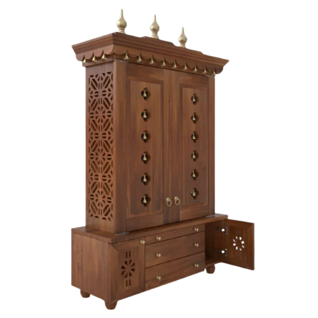 Vrittika Teak Wood Pooja Mandap with Door (Teak) side angle