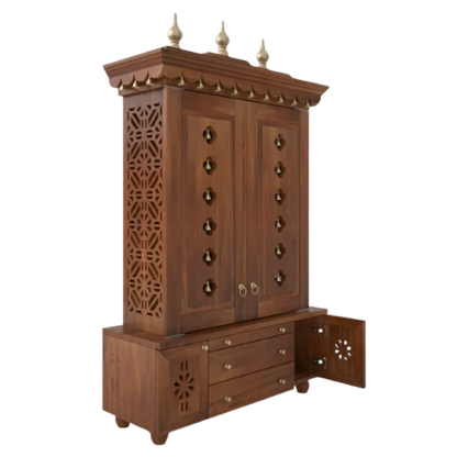 Vrittika Teak Wood Pooja Mandap with Door (Teak) side angle