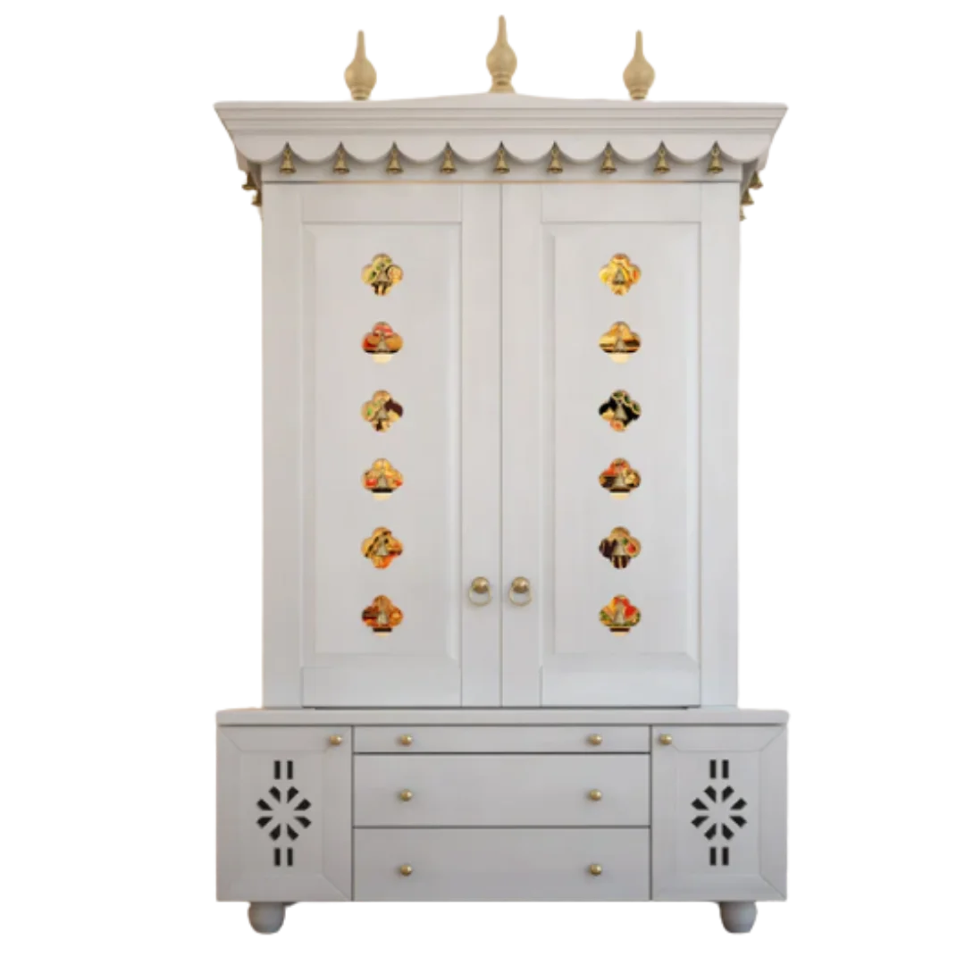 Vrittika Teak Wood Pooja Mandap with Door(White) Front View