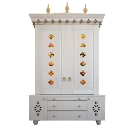 Vrittika Teak Wood Pooja Mandap with Door(White) Front View