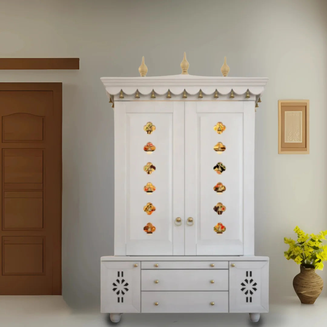 Vrittika Teak Wood Pooja Mandap with Door (White) Lifestyle Image 