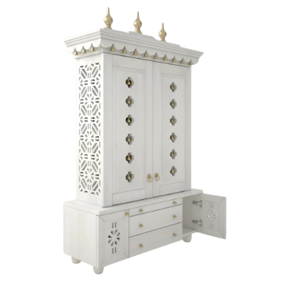 Vrittika Teak Wood Pooja Mandap with Door (White) side view