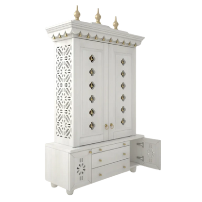 Vrittika Teak Wood Pooja Mandap with Door (White) side view