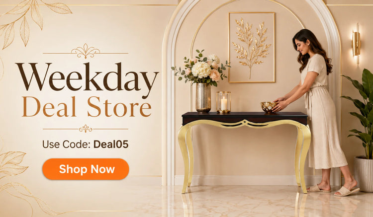 Woman arranging flowers on wooden console table 'Weekday Deal Store' promotion text.