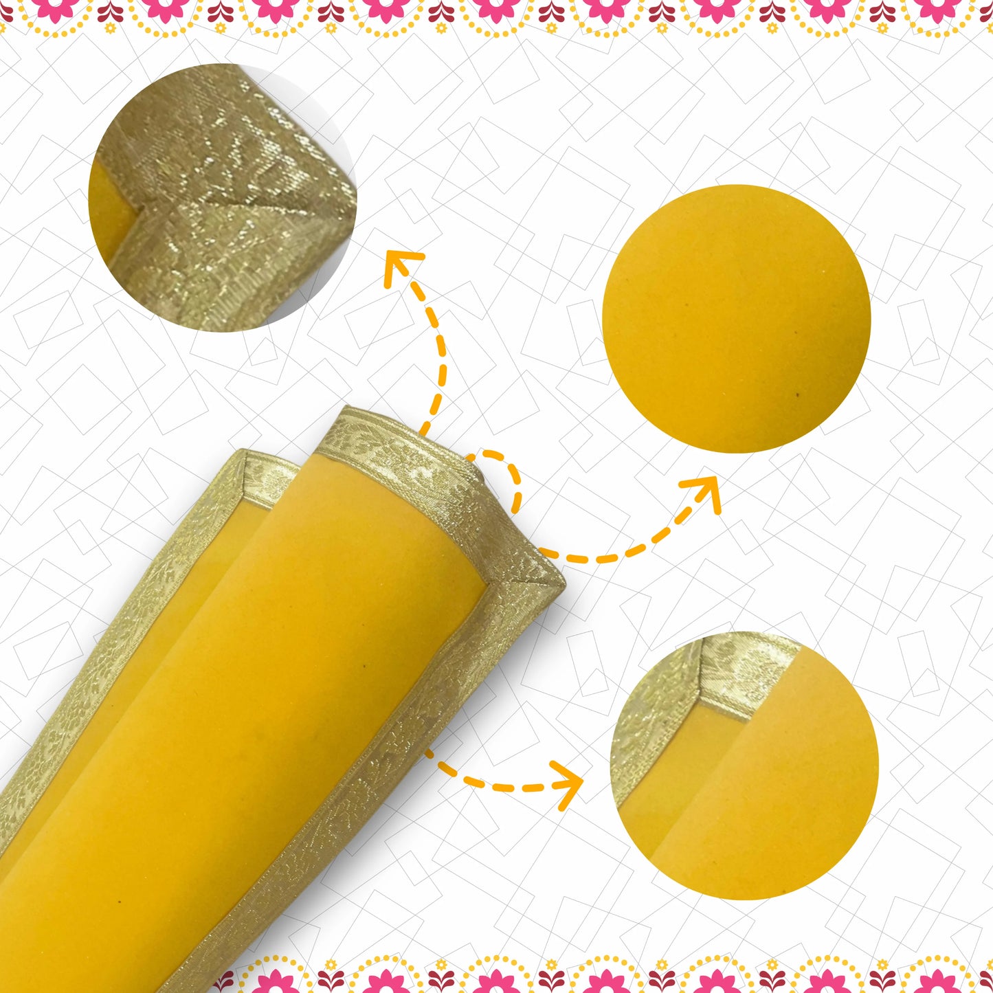 Yellow Cotton Aasan with Golden Zari Border – 19x39 inch pattren view 