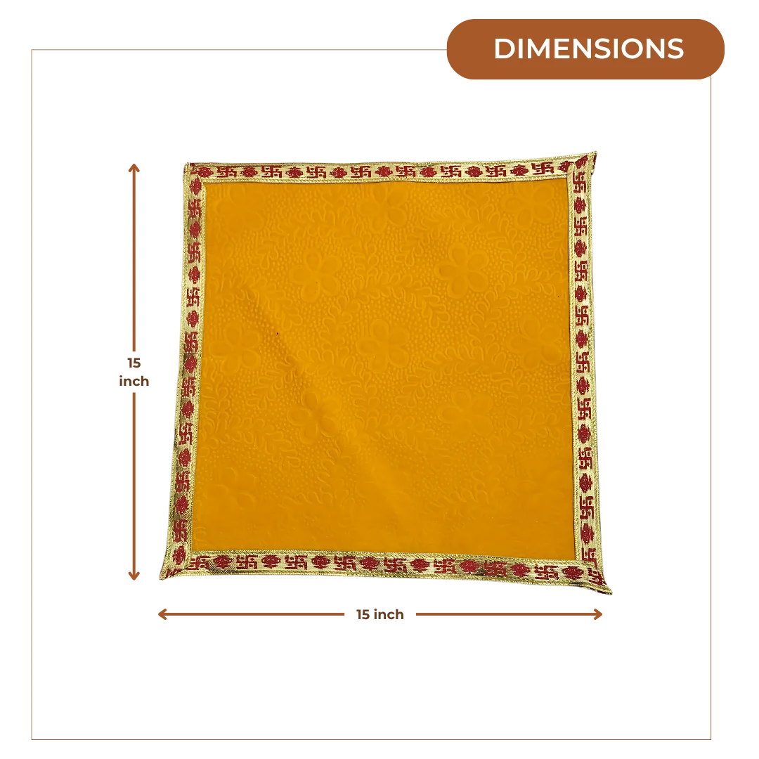 Yellow Floral Pooja Aasan with Red Swastik Border – 15x15 inch dimensions 