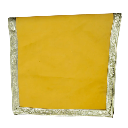 Yellow Floral Pooja Aasan with Red Swastik Border – 15x15 inch fold view