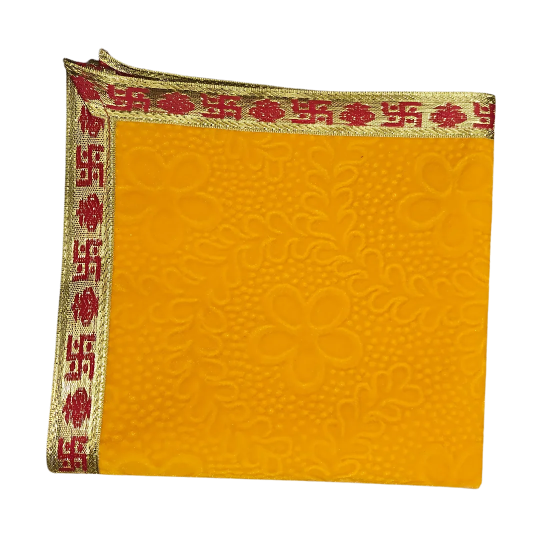 Yellow Floral Pooja Aasan with Red Swastik Border – 15x15 inch fold view