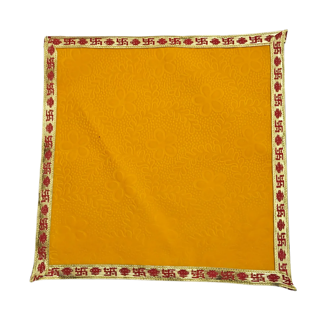 Yellow Floral Pooja Aasan with Red Swastik Border