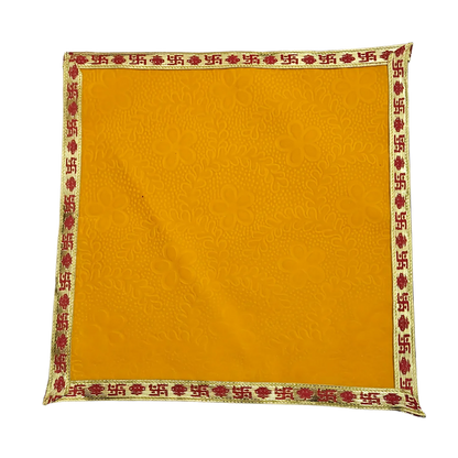 Yellow Floral Pooja Aasan with Red Swastik Border – 15x15 inch top view