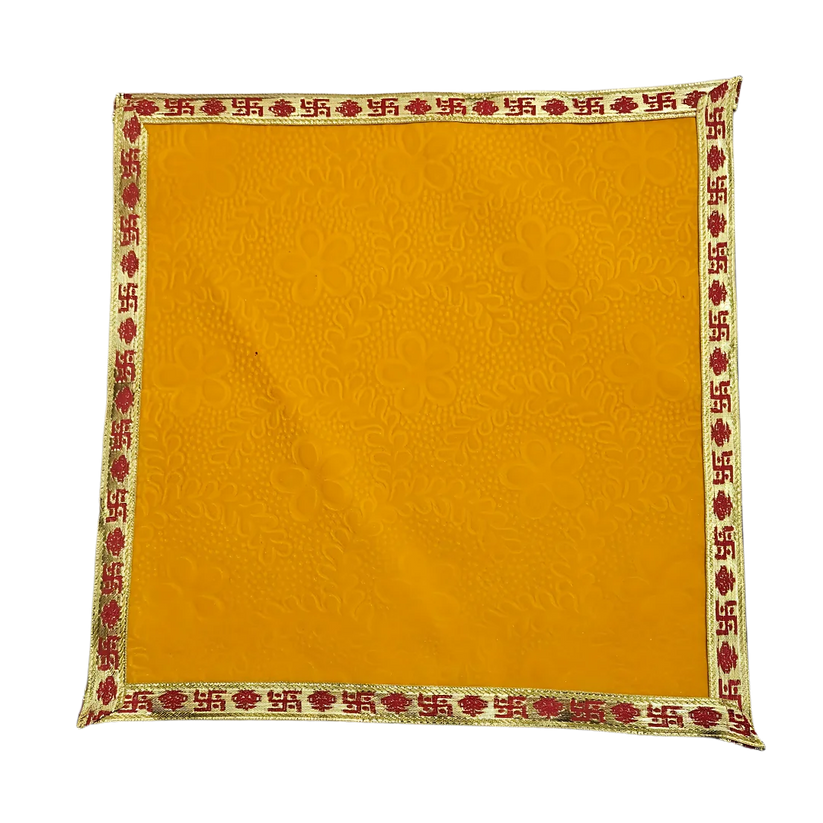 Yellow Floral Pooja Aasan with Red Swastik Border 15x15 Inch