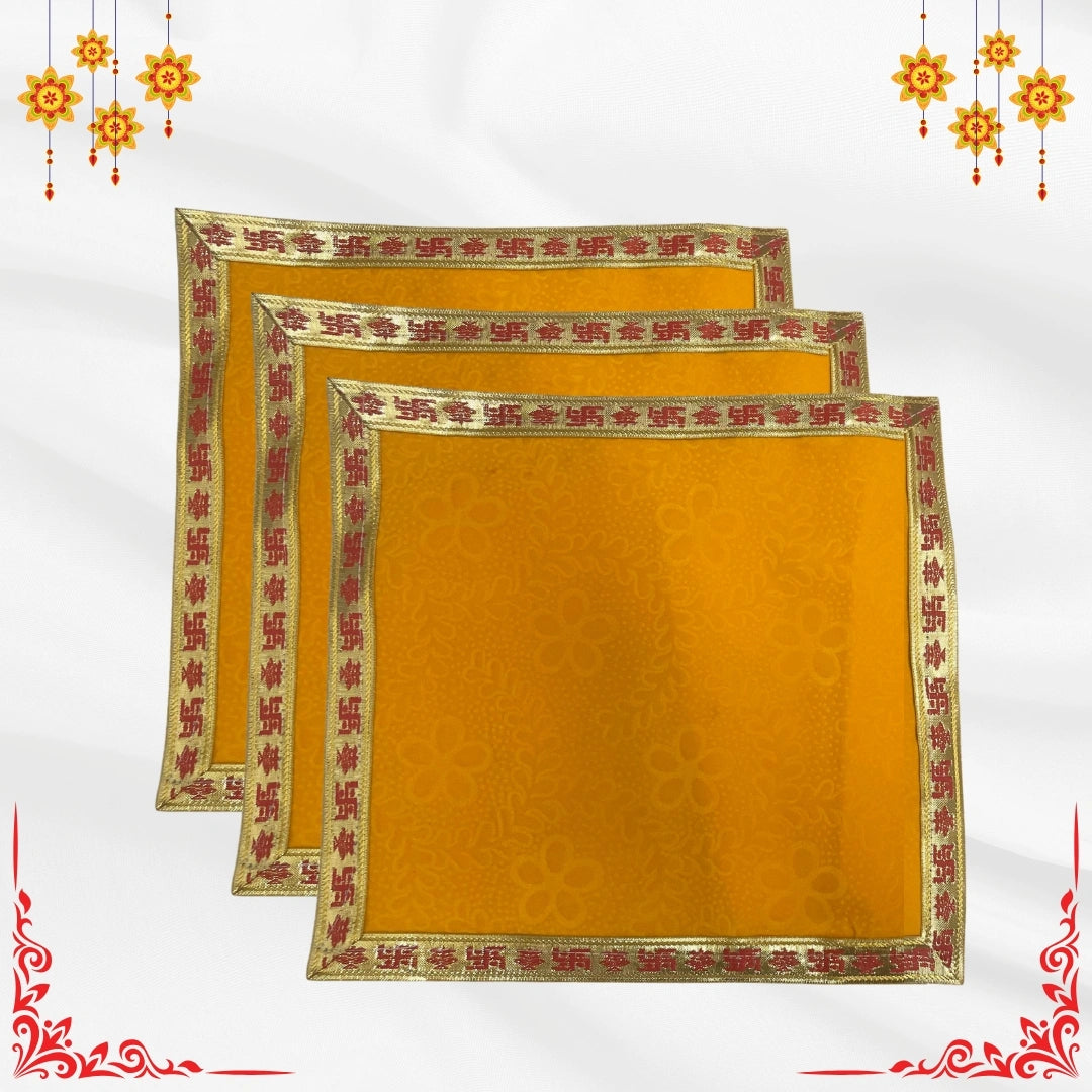 Yellow Floral Pooja Aasan with Red Swastik Border – 15x15 inch main view 