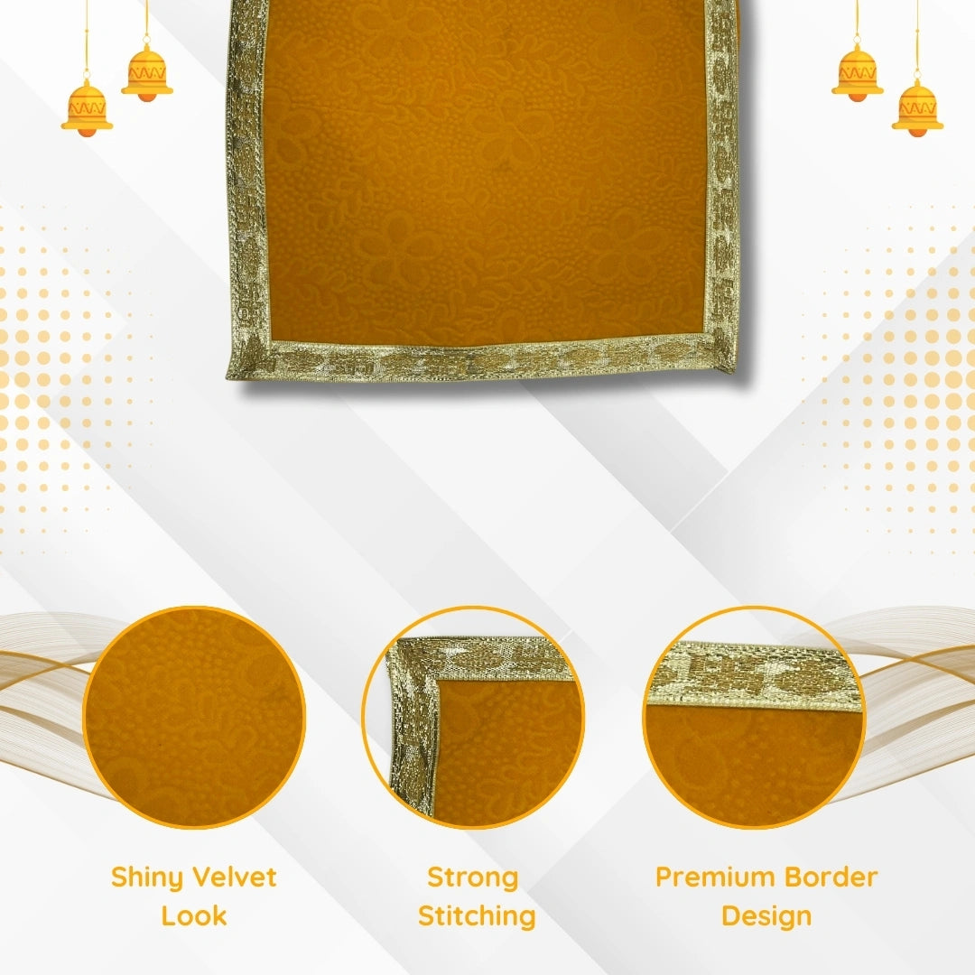 Yellow Floral Velvet Pooja Aasan with Golden Border – 12x12 Inch Pattren view