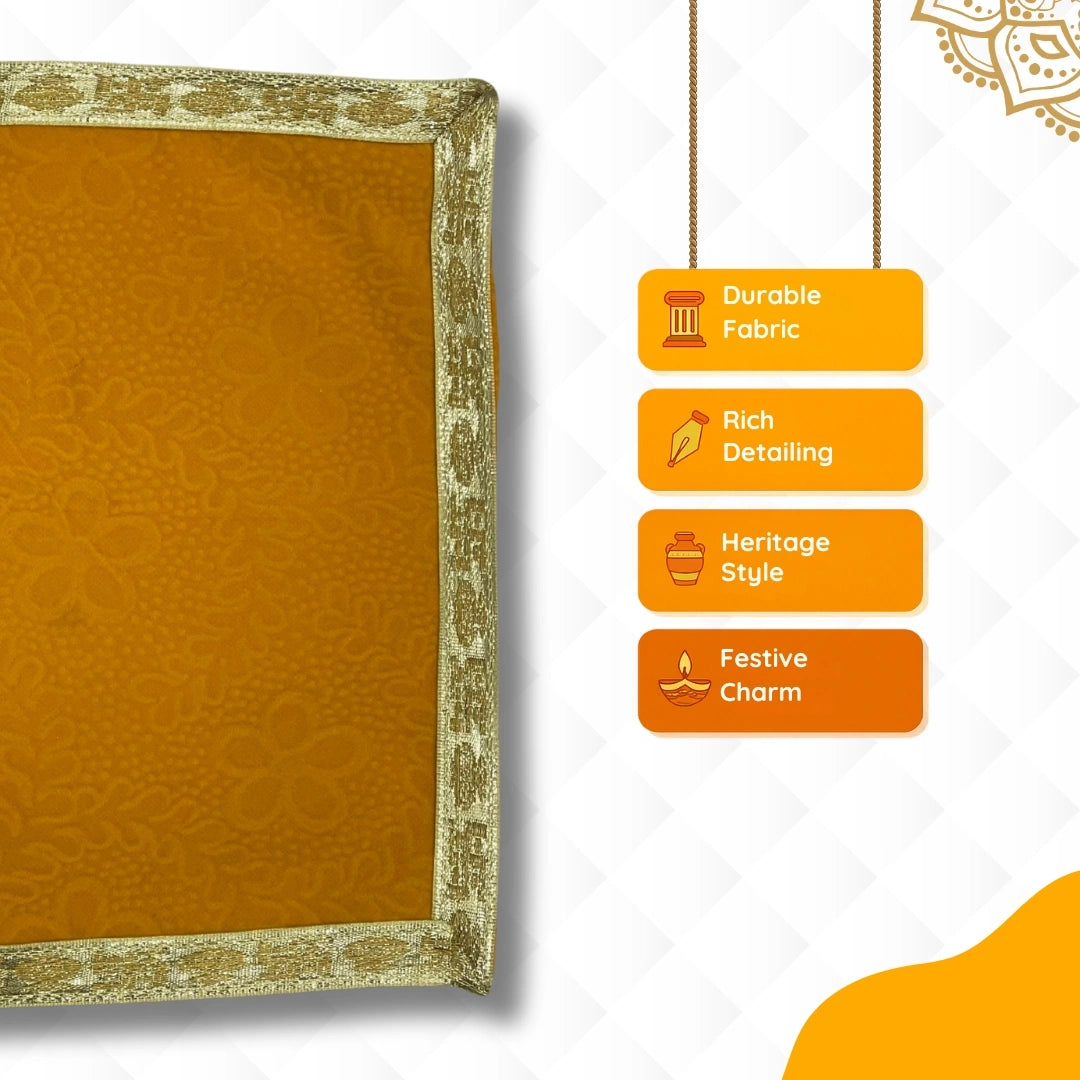 Yellow Floral Velvet Pooja Aasan with Golden Border – 12x12 Inchs design view