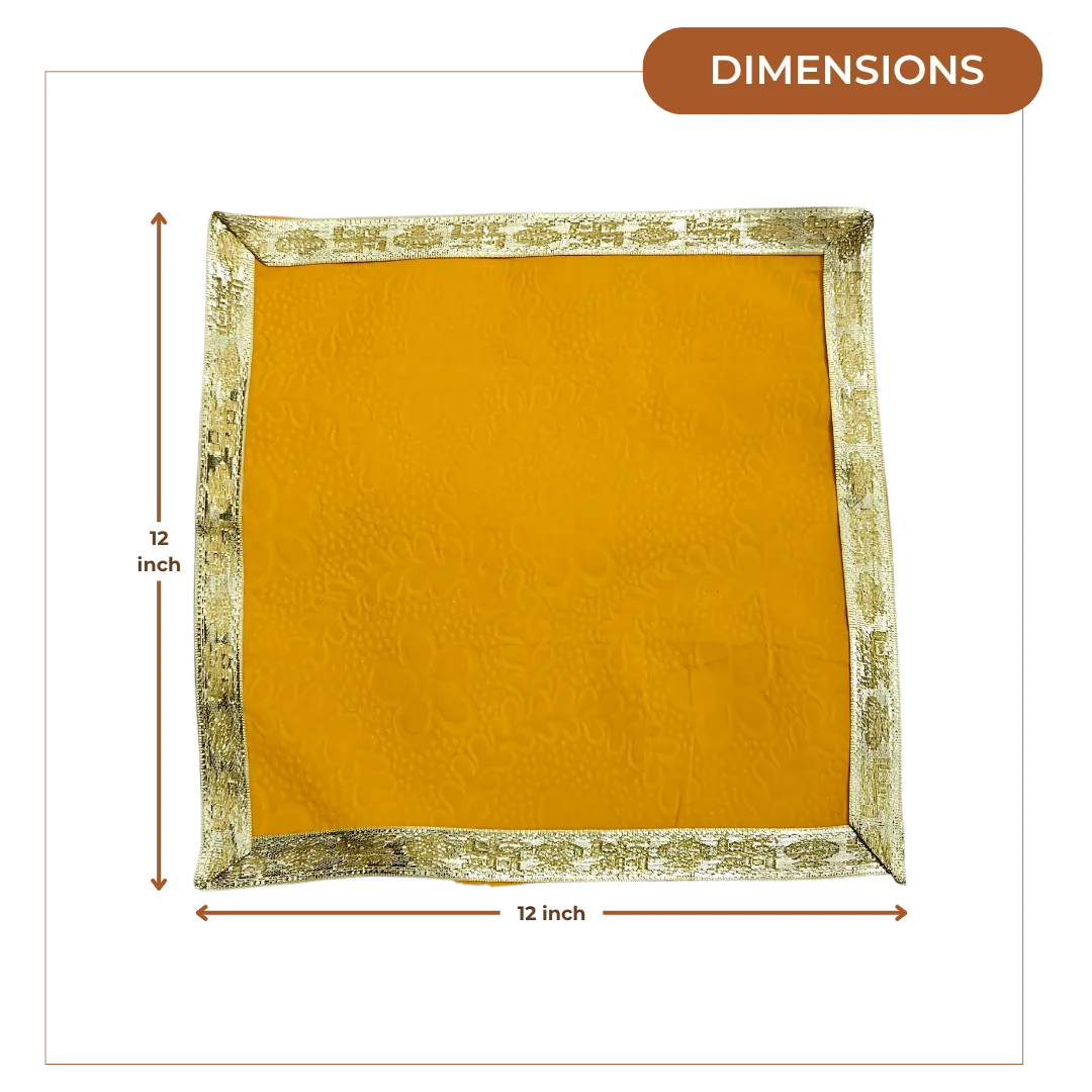 Yellow Floral Velvet Pooja Aasan with Golden Border – 12x12 dimensions 