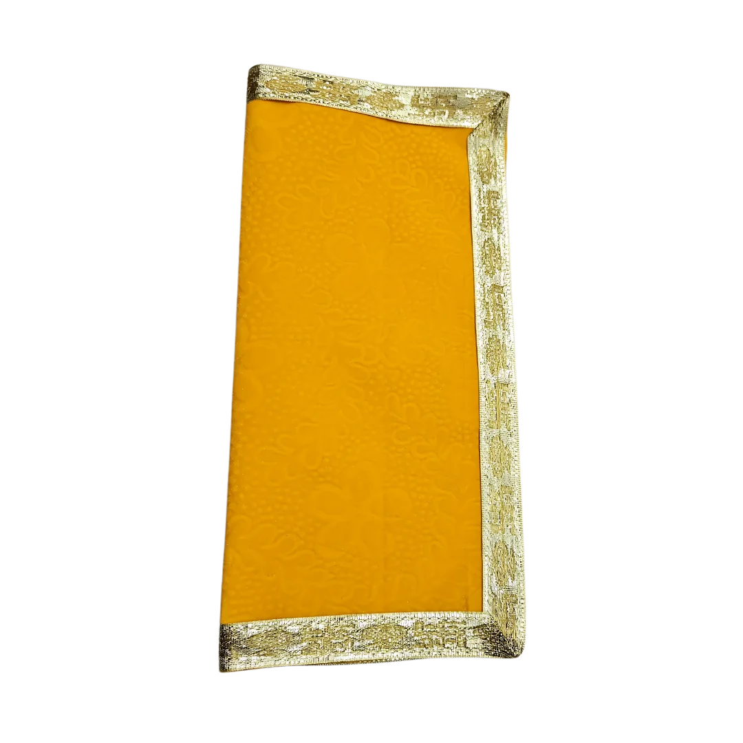 Yellow Floral Velvet Pooja Aasan with Golden Border – 12x12 fold view