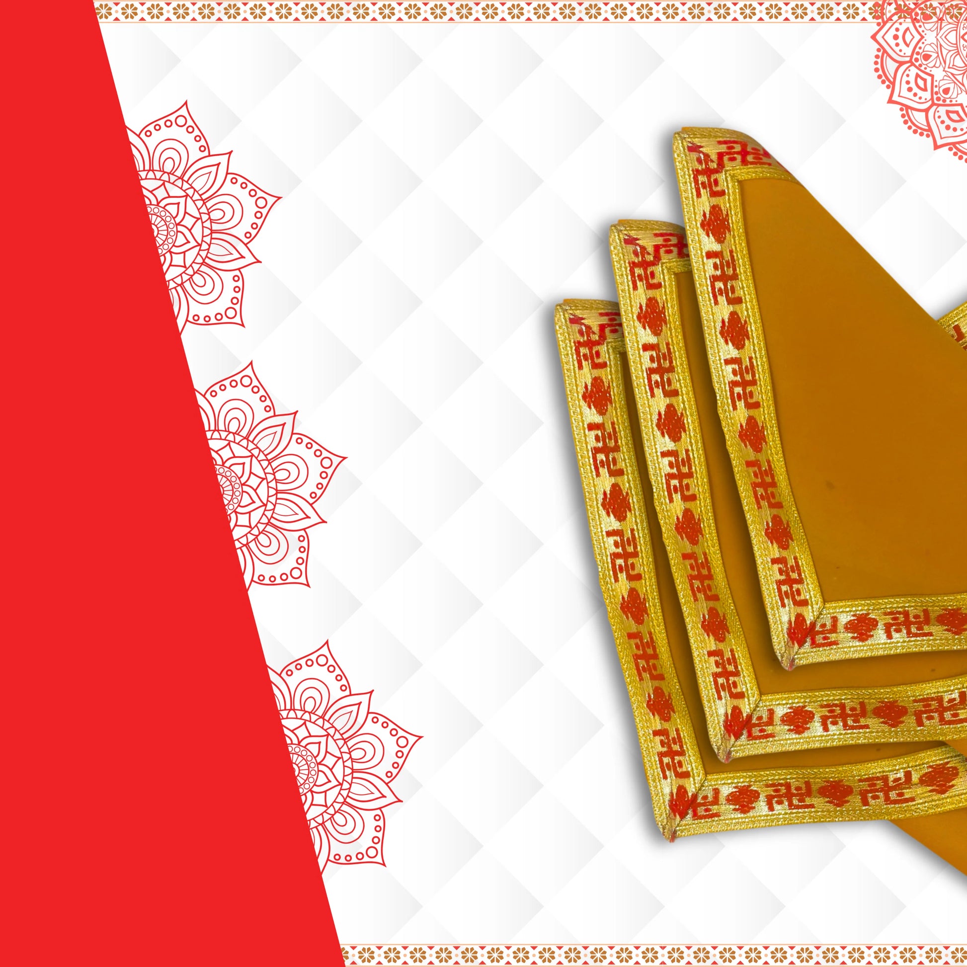 Yellow Pooja Aasan with Red Swastik Border – 11.5x17.5 Inch close view
