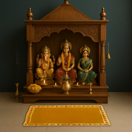 Yellow Pooja Aasan with Red Swastik Border – 11.5x17.5 Inch lifestyle view