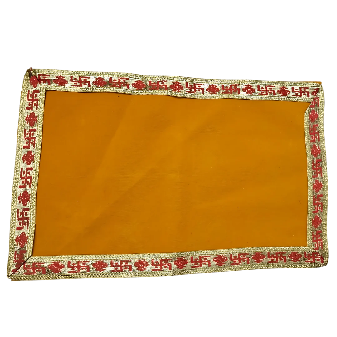 Yellow Pooja Aasan with Red Swastik Border – 11.5x17.5 Inch top view