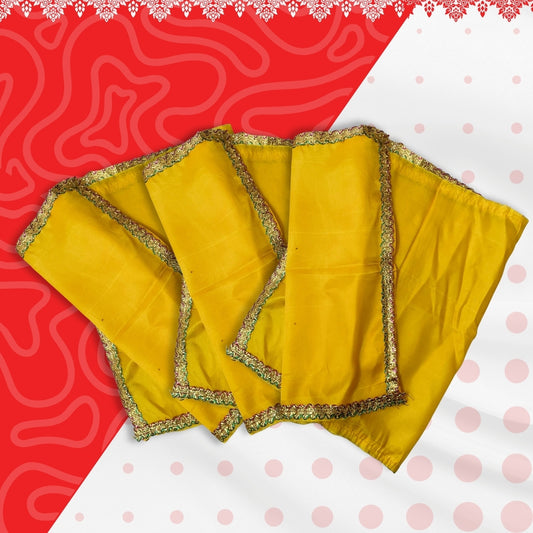 Yellow Satin Pooja Aasan with Golden Lace Border – 18x40 Inch top view